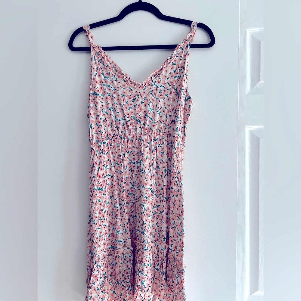 Pink and Blue Floral Print Frill Sleeveless Casual Dress
